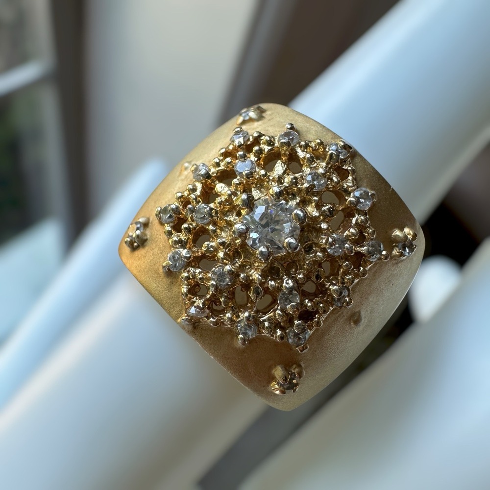 Artisan Accent Ring Size 6 Snowflake CZ Brushed Gold Vermeil 925 Sterling 9.2g